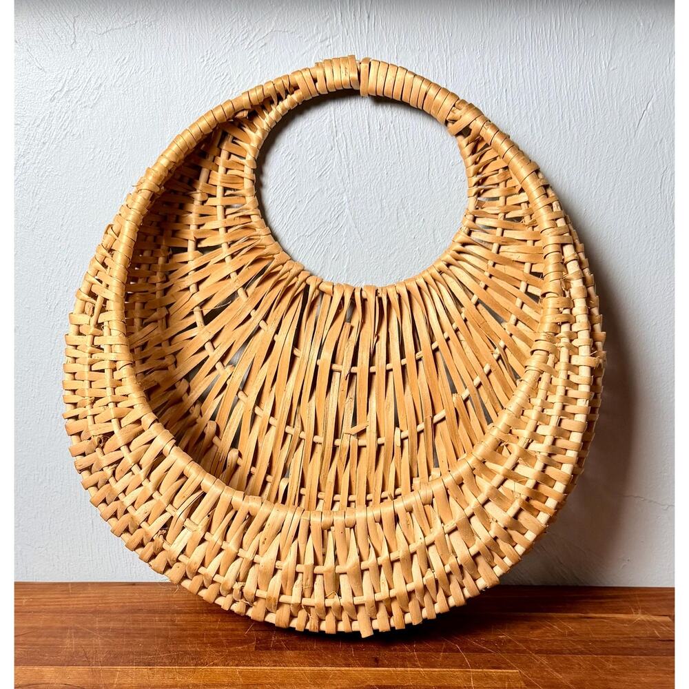 1970s Woven Wicker Wall Basket: Round Boho Farmhouse Decor (13-14" Tall) - Picture 2 of 10